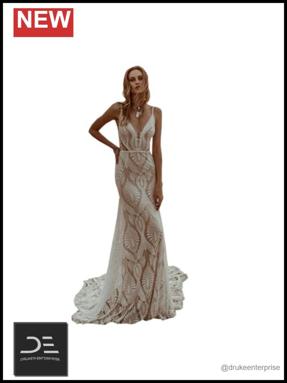 Lace Mermaid Wedding Dress Spaghetti Strap V-Neck Bridal Gown with Train